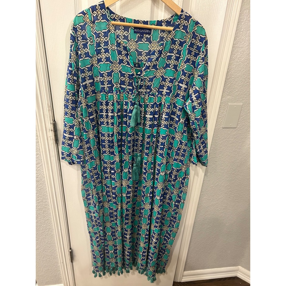 Ro's Garden Midi Dress Blue Turquoise  Tassel Cotton XL Boho Coverup